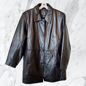 Women’s 100% Leather Black A Line 3/4 Jacket Button Front